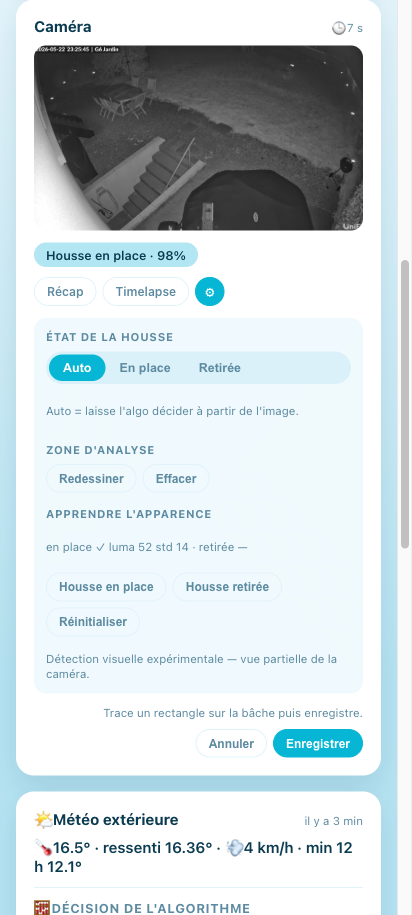 Carte caméra avec panneau de réglages — mobile